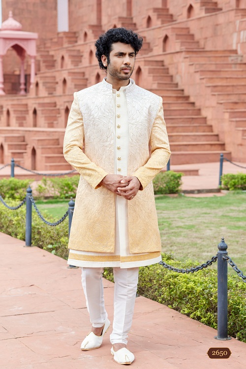 Radiant Men's Yellow Computer Thread Work Art Silk Sherwani Set